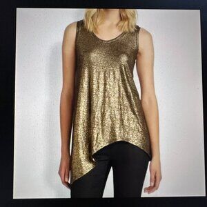 Eileen Fisher Metallic Gold Asymmetric Sleeveless Organic Linen Blouse